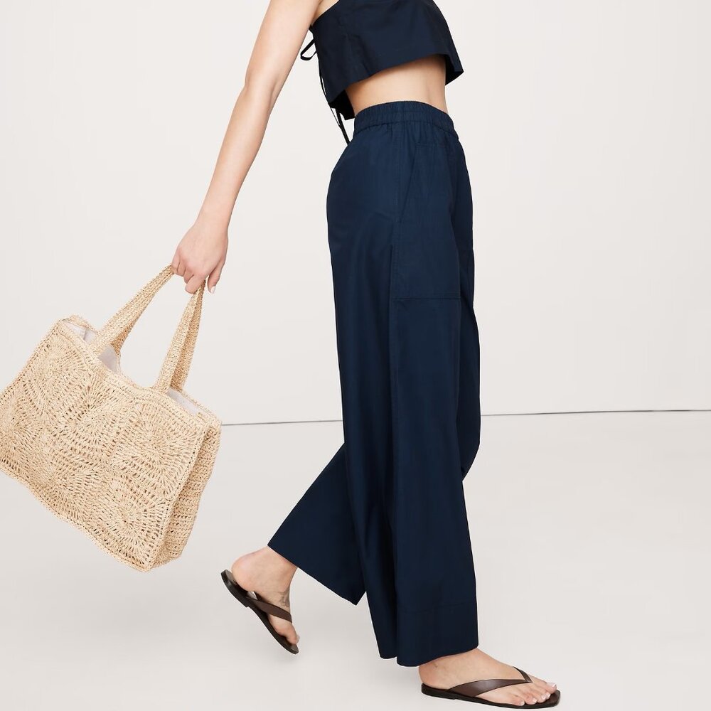 NWT Banana Republic Navy Blue Cotton Poplin Relaxed Wide-Leg Pull-On Pant PS
